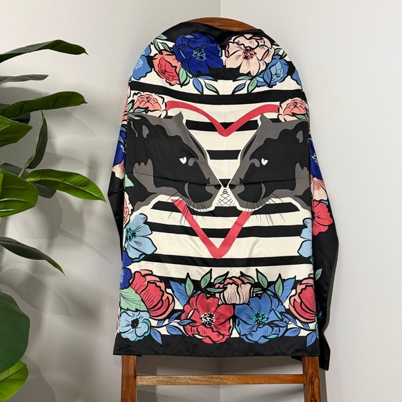 Accessories - Floral Stripes Black Cat Satin Scarf